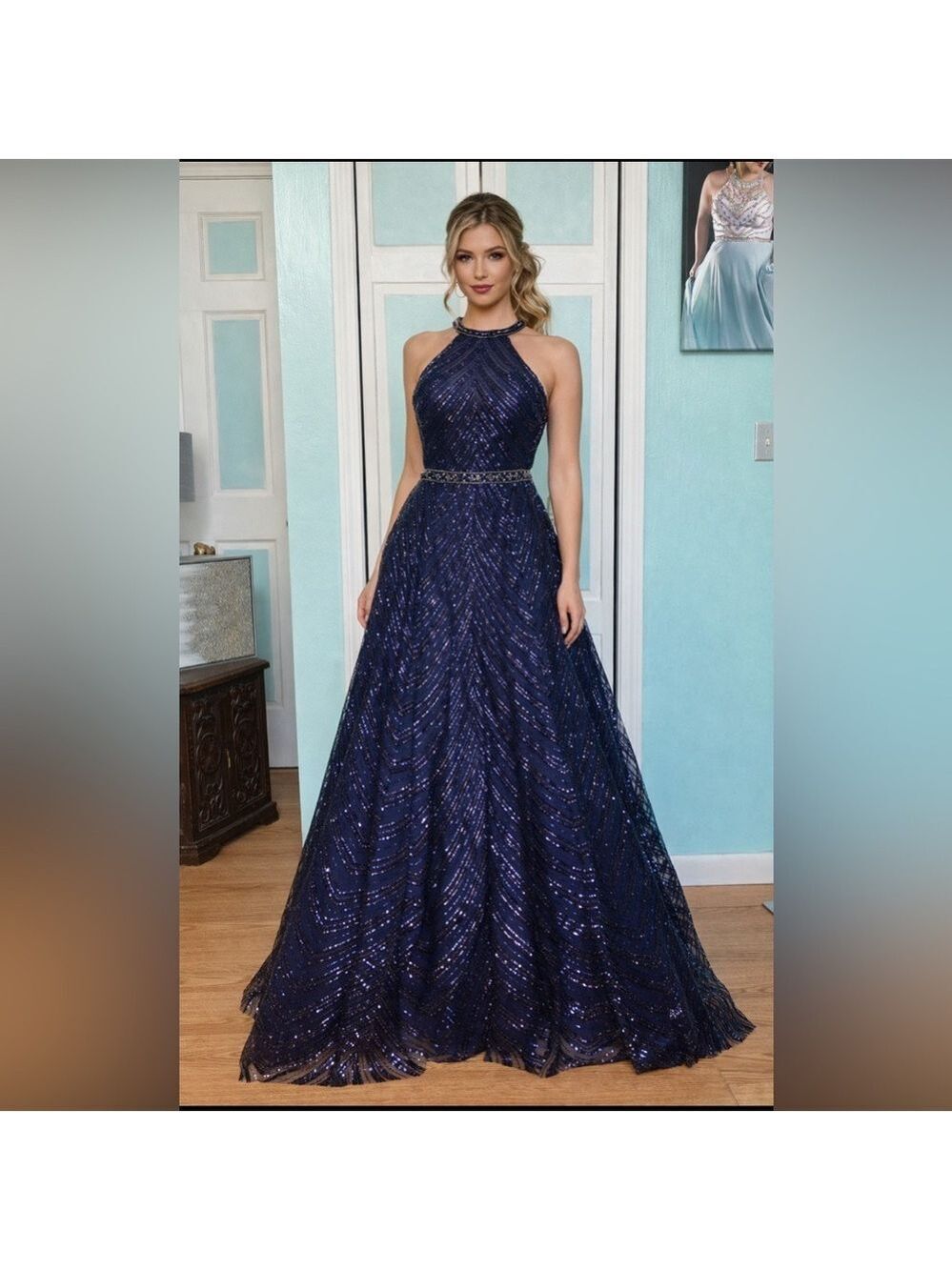 Size 10 Navy Sequin Ball gown Clarisse 5112 open back prom pageant dress NWT